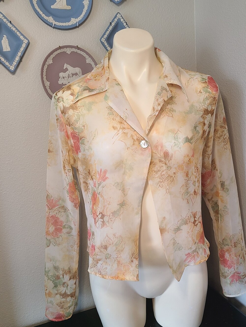 Vintage 90s Y2K Cottagecore Sheer Floral Blouse Anxiety Women's Romantic